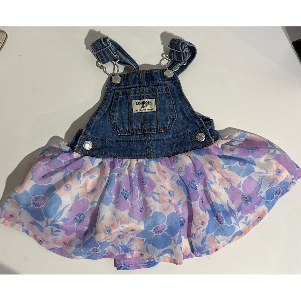 OshKosh B'gosh Baby Girls Vestbak Denim Floral Chiffon Overall Dress 6-9M Blue